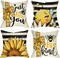 Spring Summer Bumble Bee Sunflower Decorative Throw Pillow Covers 16x16 Set of 4, Farmhouse Black White Stripe Home Decor, Yellow Buffalo Plaid Check Quote Outdoor Couch Cushion Case